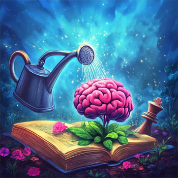 کتابی باز که از میان آن مغزی چون گیاه رشد کرده و از آب‌پاشی فلزی آبیاری می‌شود، در کنار مهرهٔ شطرنج واژگون، در فضایی رمزآلود و روشن.