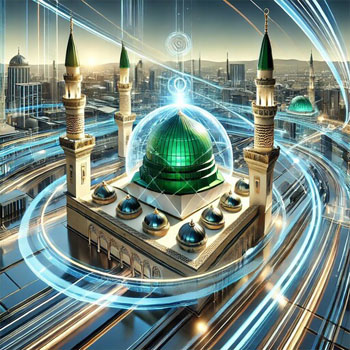 نمایی از مسجدی با گنبد سبز در میان خطوط نور و فناوری‌های آینده‌نگر